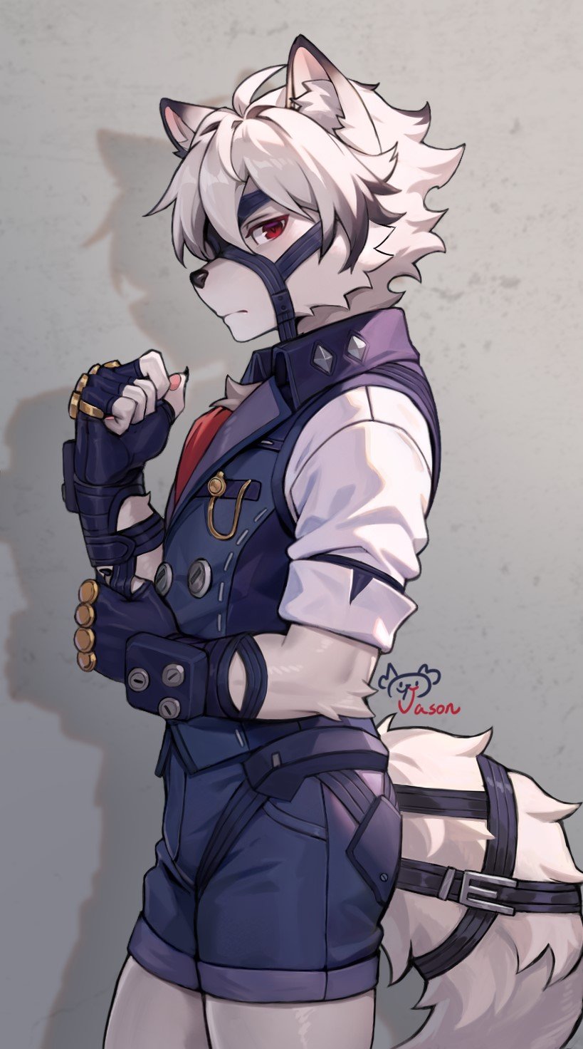 1boy, aged_down, animal_ears, artist_name, ascot, black_shorts, black_vest, chinese_commentary