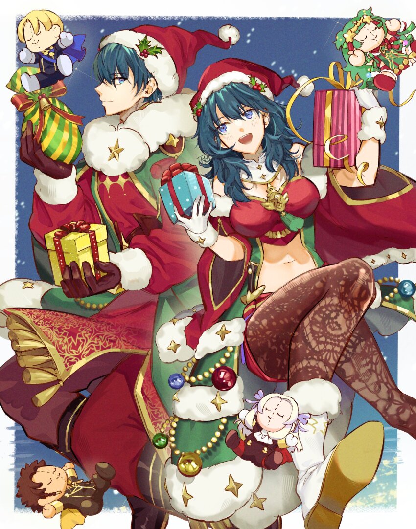 1boy, 1girl, black_gloves, blue_eyes, blue_hair, breasts, brooch, character_doll, christmas, claude_von_riegan, dimitri_alexandre_blaiddyd, doll, edelgard_von_hresvelg, female_byleth_(fire_emblem), female_byleth_(frosty_professor)_(fire_emblem), fire_emblem, fire_emblem:_three_houses, fire_emblem_heroes, gift, gloves, hat, highres, jewelry, kh_(tanakananataka), male_byleth_(fire_emblem), male_byleth_(frosty_professor)_(fire_emblem), medium_breasts, midriff, mistletoe, navel, nintendo, official_alternate_costume, open_mouth, pantyhose, santa_hat, smile, sothis_(fire_emblem), sothis_(winter)_(fire_emblem), white_gloves