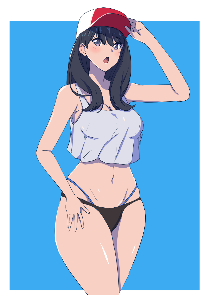1girl, :o, absurdres, baseball_cap, bikini, bikini_bottom_only, bikini_under_clothes, black_hair, blush, border, breasts, cleavage, cowboy_shot, curvy, grey_eyes, gridman_universe, hand_on_headwear, hat, highres, large_breasts, long_hair, looking_at_viewer, navel, shiny_skin, solo, ssss.gridman, stomach, sungose, swimsuit, takarada_rikka, tank_top, thighs, thong, thong_bikini, whale_tail_(clothing), white_border, white_tank_top, wide_hips