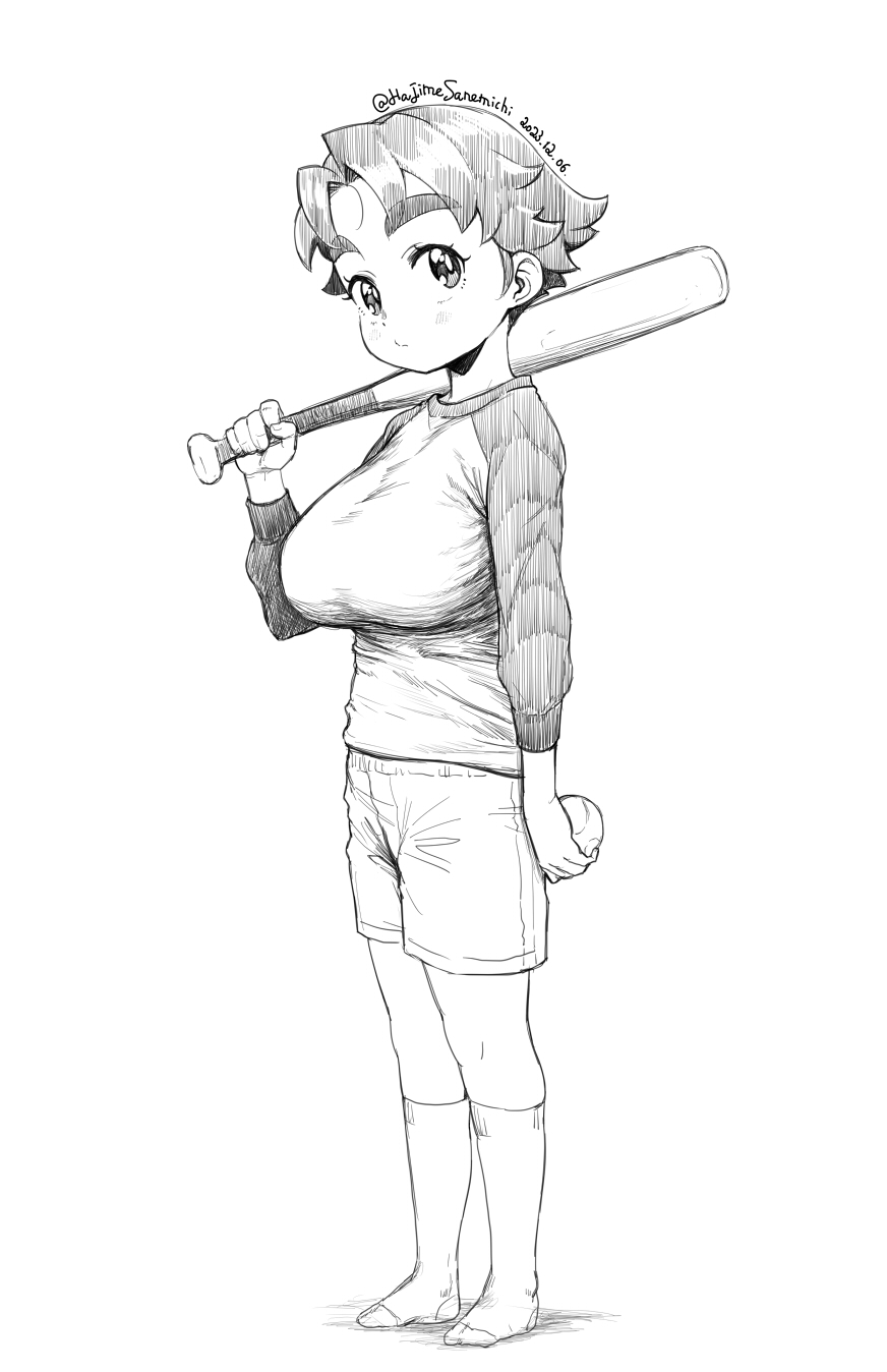 1girl, ball, baseball_(object), baseball_bat, breasts, dated, full_body, hatching_(texture)