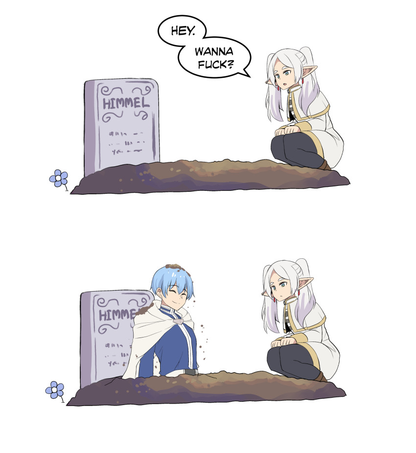 1boy, 1girl, absurdres, black_pants, capelet, commentary, elf, english_commentary, english_text, frieren, good_end, grave, green_eyes, highres, himmel_(sousou_no_frieren), hinghoi, long_hair, looking_at_another, pants, pointy_ears, profanity, resurrection, short_hair, sousou_no_frieren, squatting, tombstone, twintails, white_hair