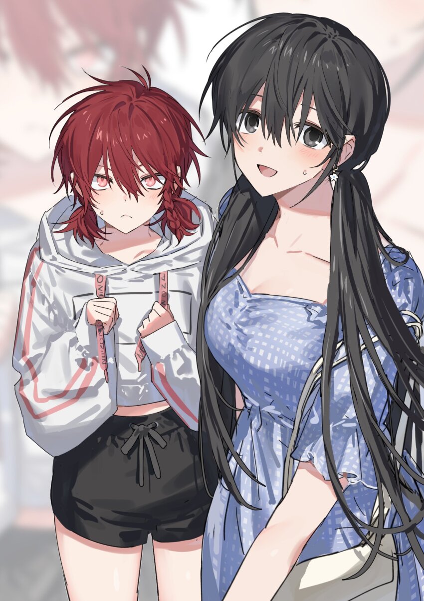 2girls, black_hair, black_shorts, blue_dress, blush, braid, closed_mouth, dress