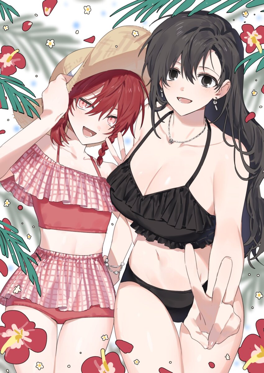 2girls, bikini, black_bikini, black_eyes, black_hair, breasts, cleavage, flat_chest