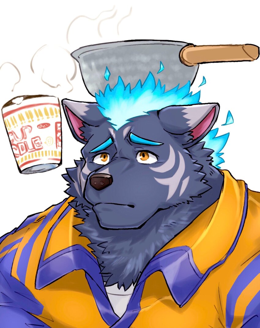 1boy, aidemcc, bara, commentary, cooking, fiery_hair, furlong_(live_a_hero), furry
