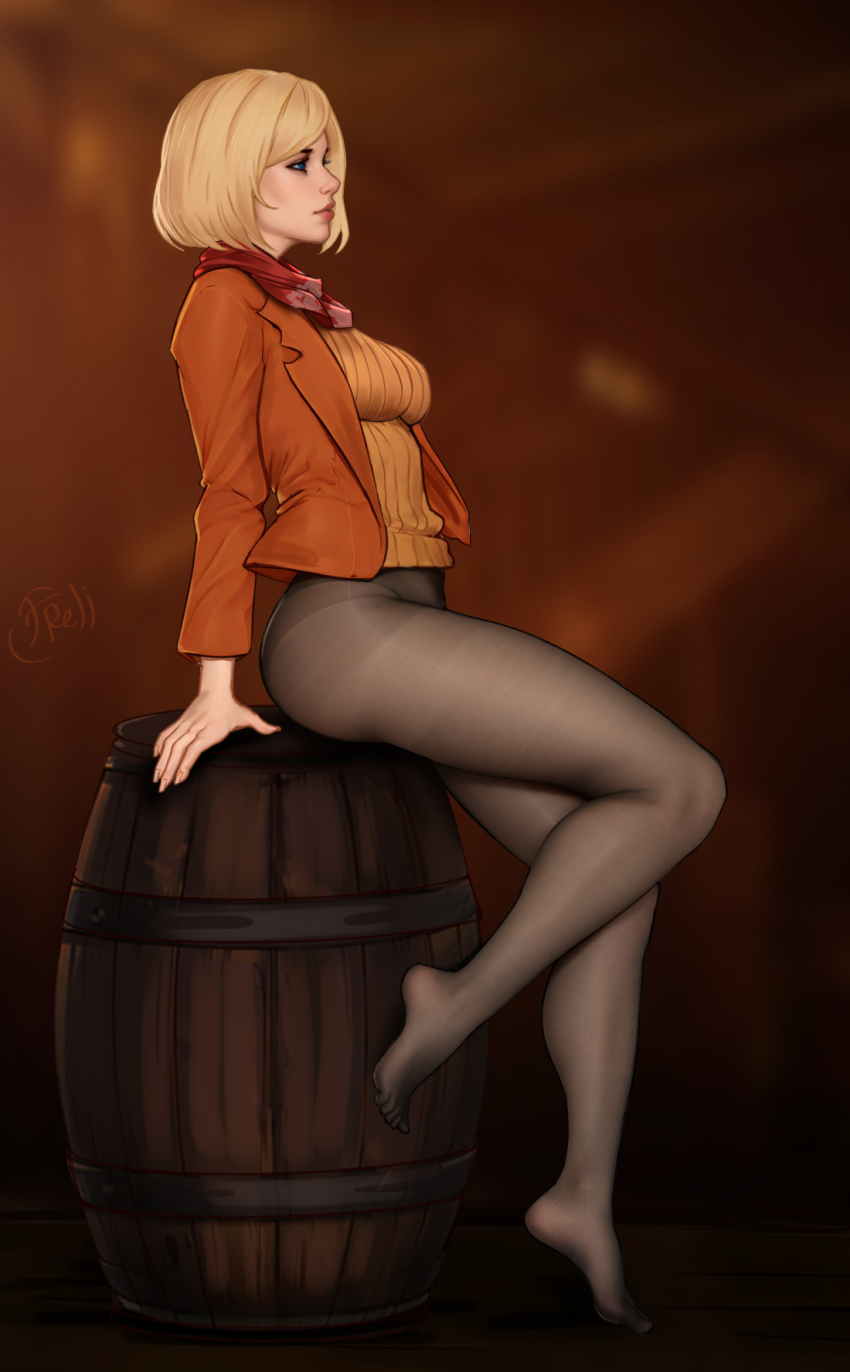 1girl, arm_support, artist_name, ashley_graham, barrel, black_pantyhose, blonde_hair, blue_eyes, blurry, blurry_background, breasts, depth_of_field, feet, freli, from_side, full_body, highres, jacket, legs, lips, medium_breasts, no_shoes, open_clothes, open_jacket, orange_jacket, orange_sweater, pantyhose, profile, red_scarf, resident_evil, resident_evil_4, ribbed_sweater, scarf, short_hair, sitting, solo, sweater, toes