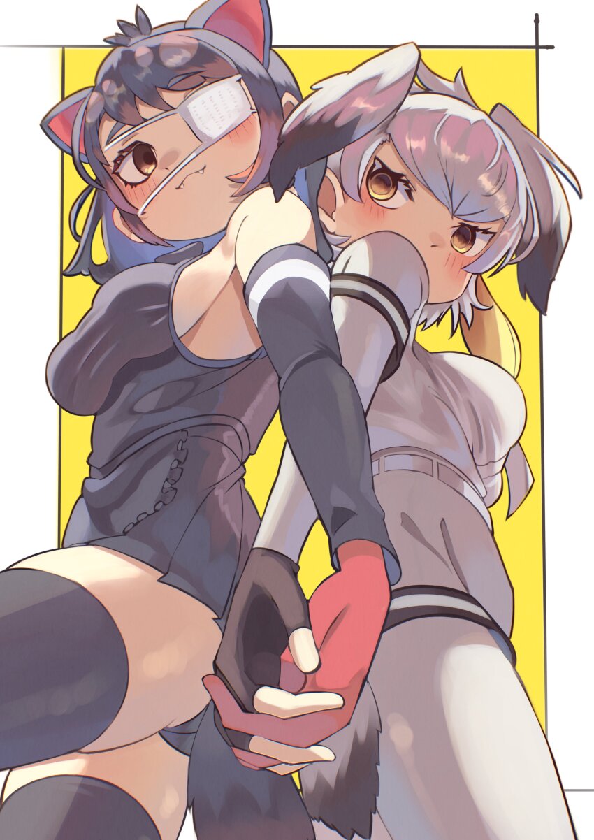 2girls, :3, absurdres, ass, australian_devil_(kemono_friends), bird_girl, bird_tail, bird_wings