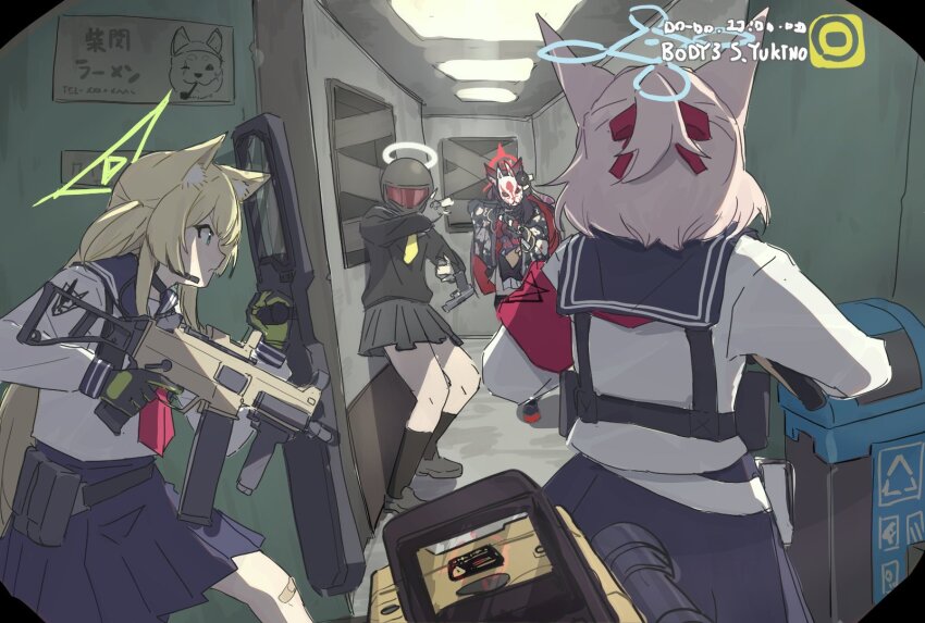 4girls, acog, aiming, aiming_at_viewer, animal_ears, arisaka, assault_rifle, ballistic_shield