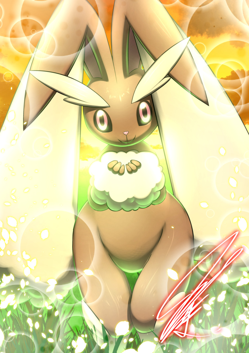 1girl, animal_nose, artist_name, black_sclera, blurry, body_fur, bokeh, brown_fur, closed_mouth, colored_sclera, depth_of_field, female_focus, furry, furry_female, gen_4_pokemon, grass, hands_up, happy, highres, long_animal_ears, looking_at_viewer, lopunny, mitsukuma448, nintendo, orange_sky, outdoors, own_hands_together, pink_eyes, pokemon, pokemon_(creature), rabbit_ears, rabbit_girl, signature, sky, smile, solo, standing, sunset, two-tone_fur, wide_hips, yellow_fur