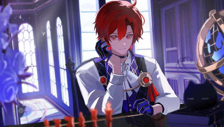 1boy, ahoge, ascot, black_choker, black_gloves, book, book_stack, bug