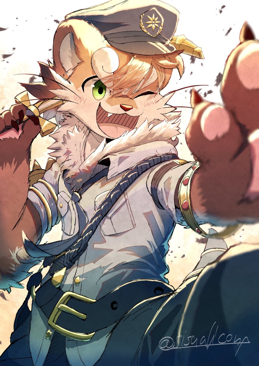 1boy, absurdres, animal_ears, claws, commentary_request, fang, furry, furry_male, hat, highres, holding, holding_sword, holding_weapon, looking_at_viewer, male_focus, one_eye_closed, open_mouth, otter_(housamo), otter_boy, otter_ears, over_shoulder, pawpads, police, police_hat, police_uniform, sisualicon, sword, tokyo_houkago_summoners, twitter_username, weapon, weapon_over_shoulder