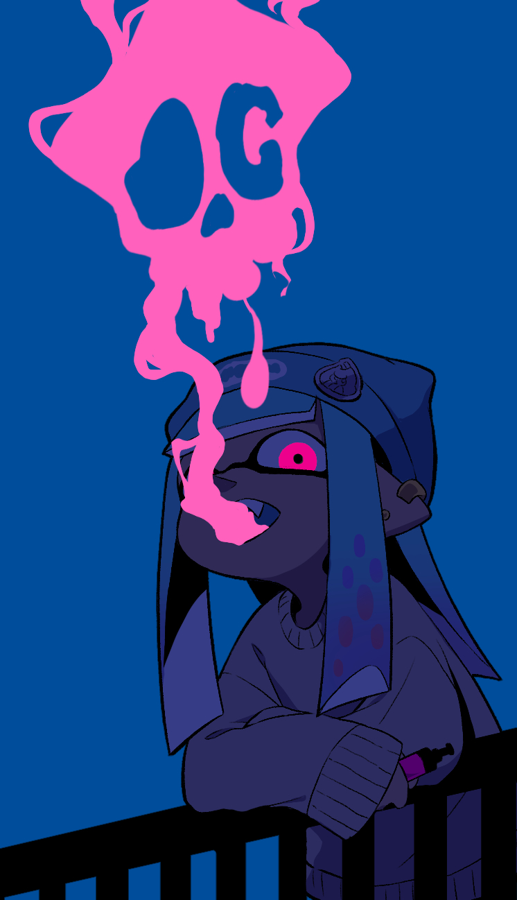 1girl, beanie, blue_background, blue_hair, blue_hat, ear_piercing, electronic_cigarette, grey_sweater