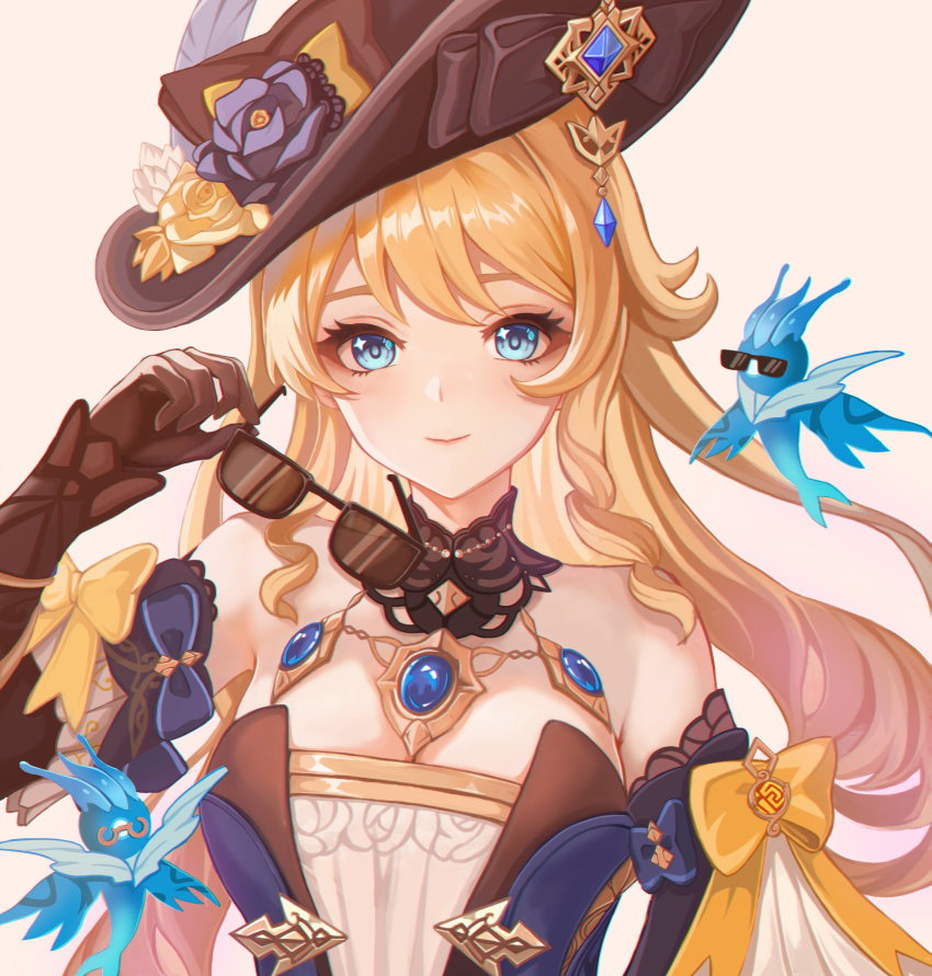 1girl, absurdres, bare_shoulders, black_collar, black_headwear, blonde_hair, blue_eyes, bow