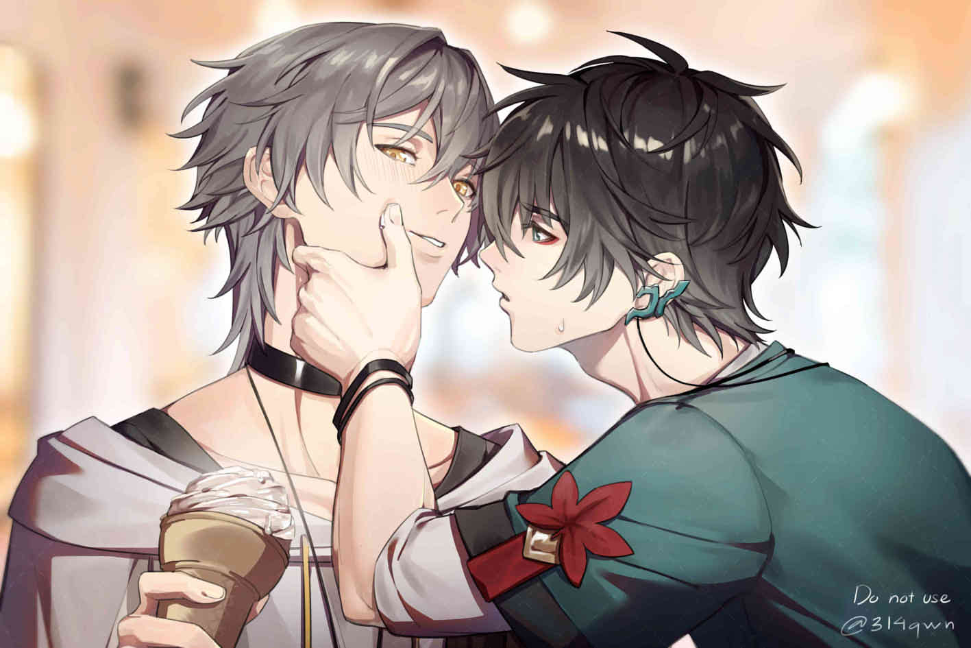 2boys, 314qwn, antenna_hair, black_choker, black_hair, choker, dan_heng_(feast)_(honkai:_star_rail), dan_heng_(honkai:_star_rail)