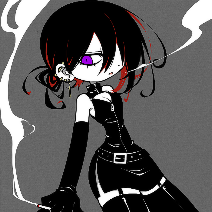 1girl, belt, black_gloves, black_hair, black_shirt, breasts, cigarette, cleavage, collar, colored_skin, commission, ear_piercing, earrings, elbow_gloves, eyeliner, fumus_(funamusea), funamusea, funamusea_(artist), genderswap, genderswap_(mtf), gloves, grey_background, hair_over_one_eye, holding, holding_cigarette, jewelry, large_breasts, makeup, multicolored_hair, piercing, purple_eyes, red_hair, shirt, skeb_commission, smoke, two-tone_hair, white_skin