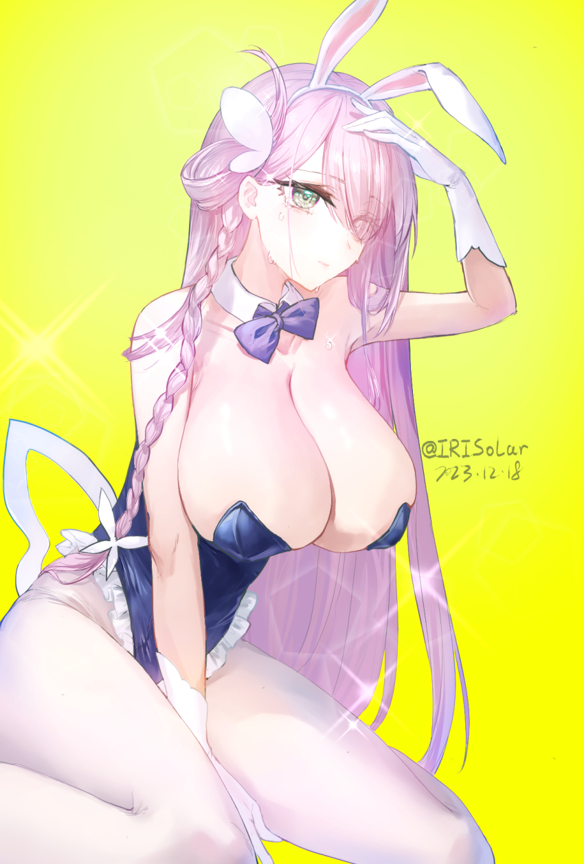1girl, 2023, animal_ears, artist_name, azur_lane, blue_leotard, breasts, cleavage, dated, fake_animal_ears, frilled_leotard, frills, gloves, green_eyes, hair_over_one_eye, highres, huge_breasts, irisolar, leotard, long_hair, looking_at_viewer, louisville_(an_order_of_dreams)_(azur_lane), louisville_(azur_lane), official_alternate_costume, pantyhose, pink_hair, playboy_bunny, rabbit_ears, simple_background, solo, very_long_hair, white_gloves, white_pantyhose, yellow_background