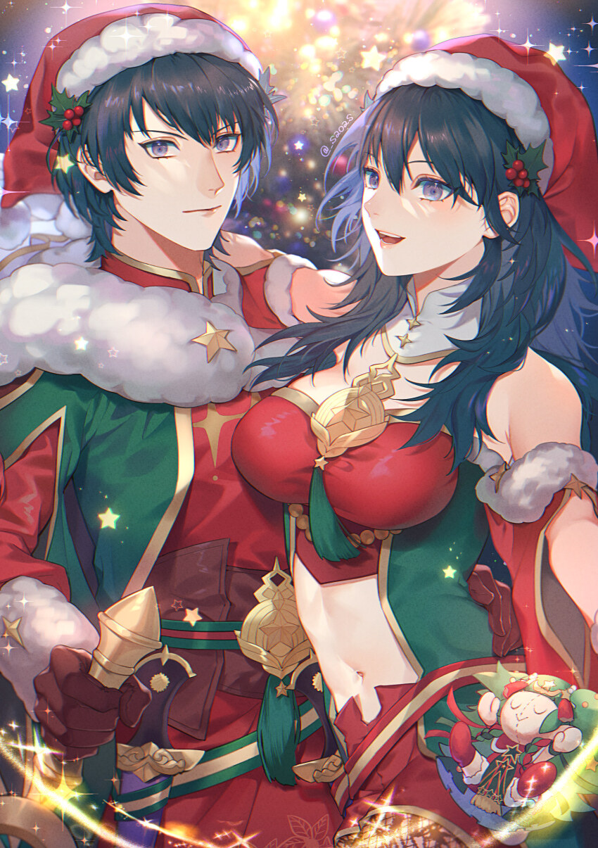 1boy, 1girl, absurdres, black_hair, blue_eyes, breasts, character_doll, christmas