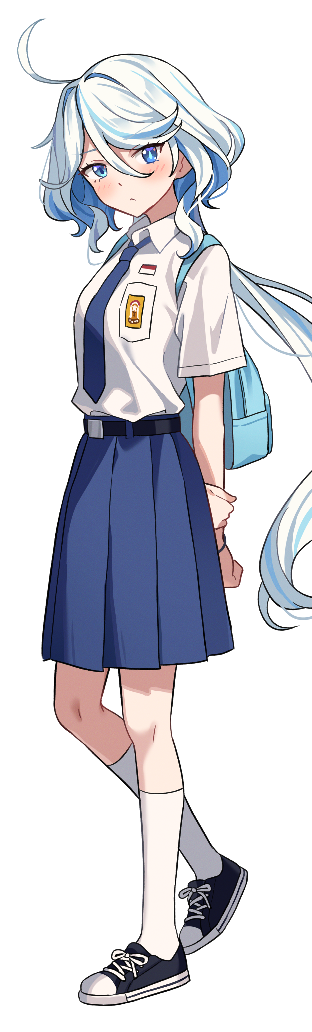 1girl, absurdres, ahoge, alternate_costume, aqua_hair, arms_behind_back, backpack, bag