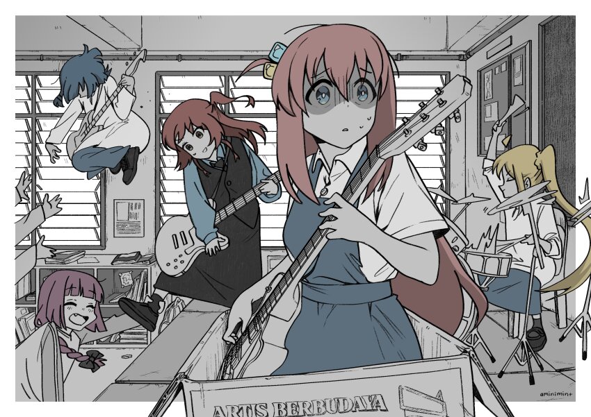 5girls, absurdres, ahoge, alternate_costume, amin_(aminimint), bass_guitar, blonde_hair, blue_eyes, blue_hair, blush, bocchi_the_rock!, braid, closed_eyes, cube_hair_ornament, drum, drumsticks, english_text, fang, gotoh_hitori, green_eyes, guitar, hair_ornament, highres, hiroi_kikuri, holding, holding_another's_foot, holding_drumsticks, holding_guitar, holding_instrument, ijichi_nijika, instrument, jumping, kita_ikuyo, lying, medium_hair, multiple_girls, on_ground, pink_hair, playing_bass_guitar, playing_instrument, purple_hair, red_hair, side_braid, side_ponytail, sweatdrop, yamada_ryo