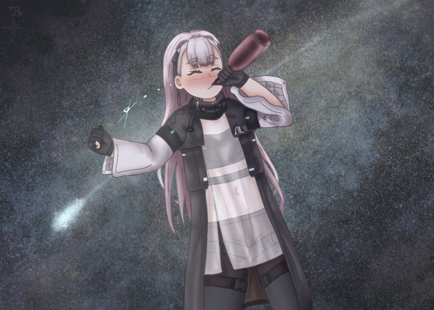 1girl, ak-alfa_(girls'_frontline), black_jacket, blush, closed_eyes, covered_navel, dress, drunk