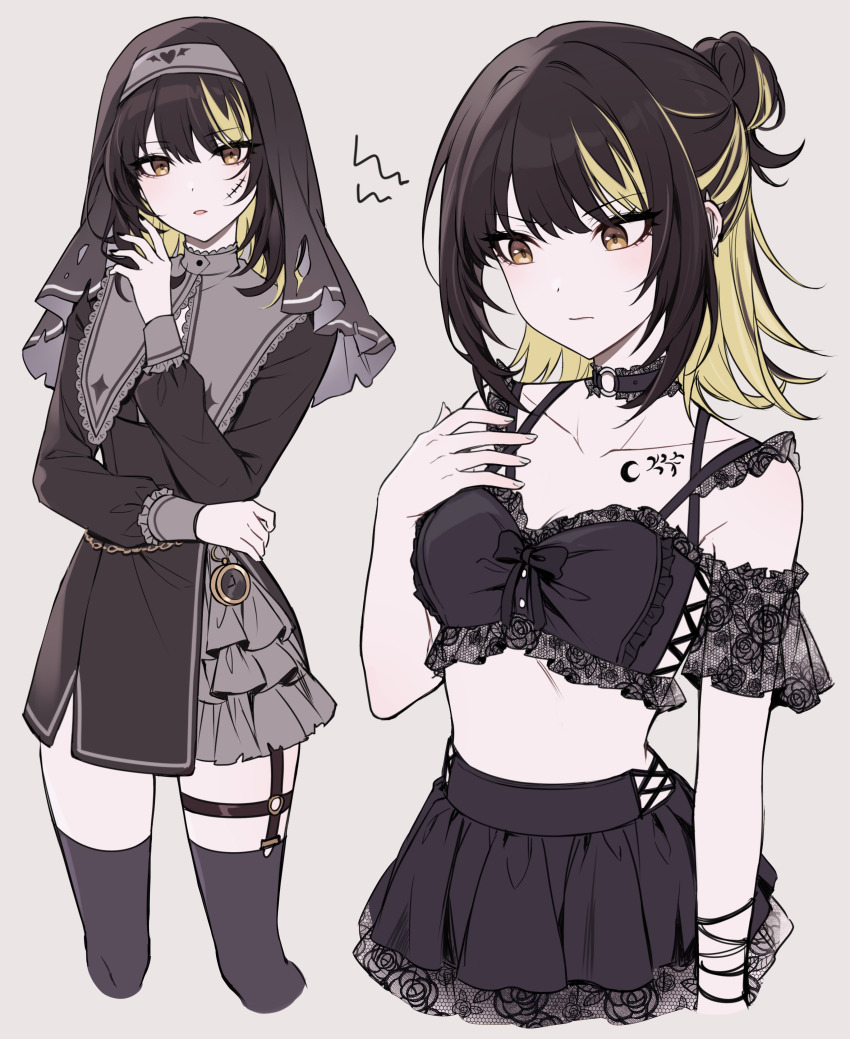 1girl, absurdres, bikini, bikini_skirt, black_bikini, black_choker, black_dress, black_hair, black_headwear, black_nails, black_thighhighs, blonde_hair, bodypaint, bow, bracelet, breasts, brown_eyes, chain, choker, collarbone, commentary_request, cross-laced_clothes, dress, ear_piercing, expressionless, frilled_bikini, frills, garter_straps, grey_background, habit, hair_between_eyes, hair_bun, halloween_costume, highres, idolmaster, idolmaster_shiny_colors, ikaruga_luca, jewelry, kheng_(k_heng1223), lace-trimmed_choker, lace-trimmed_collar, lace_trim, long_sleeves, looking_at_viewer, medium_hair, multicolored_hair, multiple_views, nail_polish, nun, nun_headdress, off_shoulder, official_alternate_costume, official_alternate_hairstyle, open_mouth, piercing, scar, scar_on_face, serious, sidelocks, simple_background, single_garter_strap, small_breasts, streaked_hair, swimsuit, thigh_strap, thighhighs, torn_clothes, torn_veil, two-tone_hair, upper_body, veil, watch