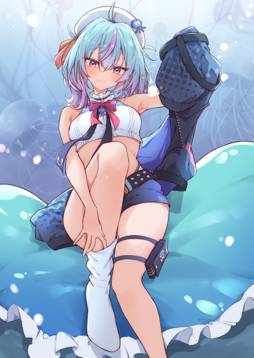 1girl, absurdres, adjusting_clothes, adjusting_legwear, ahoge, airenif, armpits, bare_shoulders, belt, beret, blue_hair, blue_jacket, blue_shorts, blush, bow, bowtie, breasts, closed_mouth, collar, commentary, crop_top, crossed_bangs, english_commentary, eyelashes, foot_out_of_frame, frilled_collar, frills, gradient_hair, hair_between_eyes, hat, hat_ornament, highres, hugging_own_legs, jacket, leaning_back, legs, looking_at_viewer, medium_breasts, medium_hair, minazuki_mana, multicolored_hair, no_shoes, pink_bow, pink_bowtie, pouch, purple_eyes, purple_hair, removing_jacket, shirt, short_shorts, shorts, sitting, sleeveless, sleeveless_shirt, socks, solo, studded_belt, thigh_pouch, thighs, virtual_youtuber, vols, white_hat, white_shirt, white_socks
