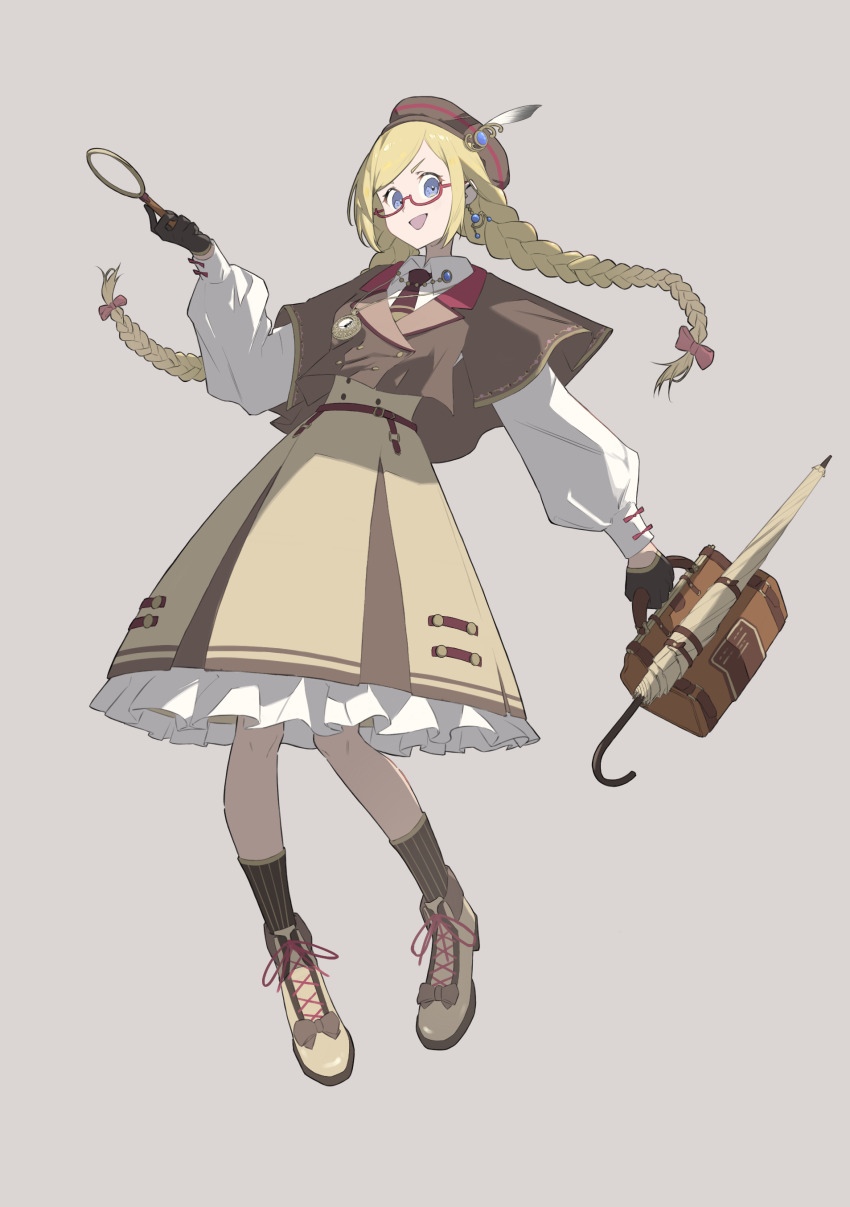 1girl, absurdres, aoto_rei, arines_(brown_dust), beret, blonde_hair, blue_eyes, box, braid, brown_dust_(series), brown_dust_2, brown_gloves, capelet, collared_shirt, cross-laced_footwear, dress, footwear_ribbon, frilled_dress, frills, gloves, hair_ribbon, hat, hat_feather, highres, holding, holding_box, holding_magnifying_glass, long_hair, looking_at_viewer, magnifying_glass, necktie, open_mouth, pendant_watch, red-framed_eyewear, ribbon, shirt, simple_background, socks, toolbox, twin_braids, two-tone_dress, umbrella, wide_sleeves