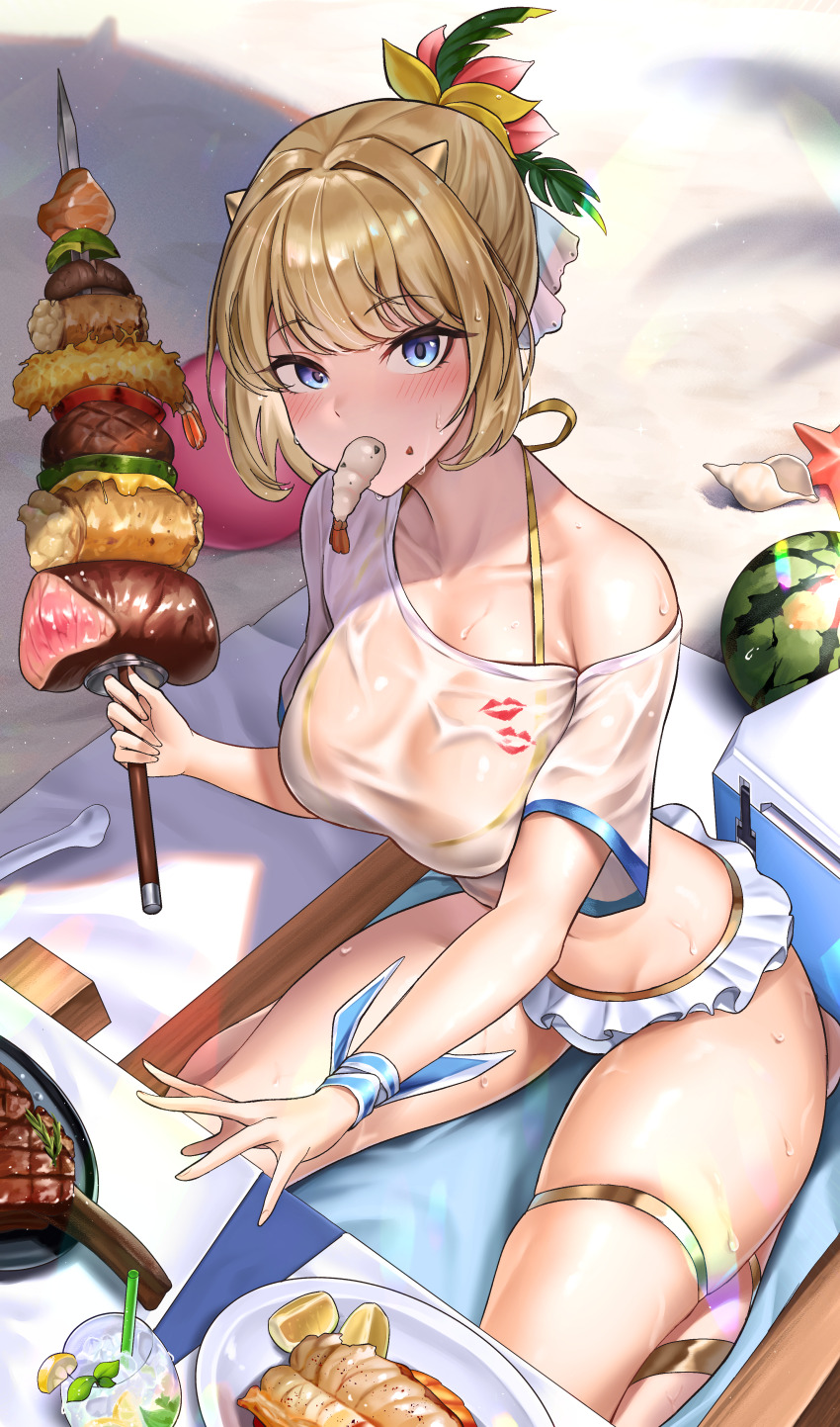 1girl, absurdres, ball, beach, beach_mat, beach_umbrella, beachball, bikini