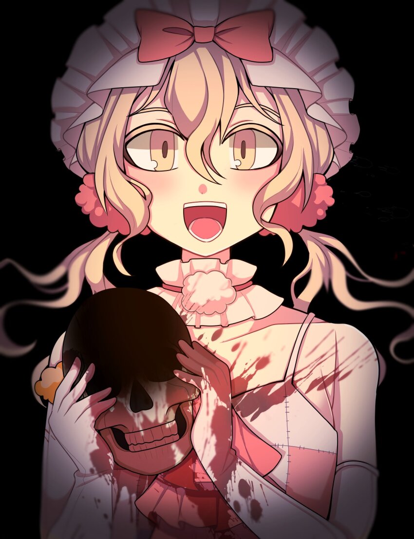 1girl, 1jumangoku, bare_shoulders, black_background, blonde_hair, blood, blood_on_clothes, blood_on_hands