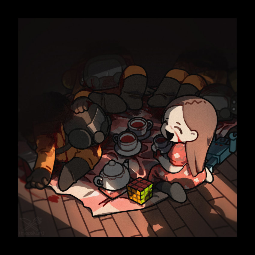 1girl, :d, ^_^, black_border, black_footwear, black_gloves, blood, blood_on_clothes