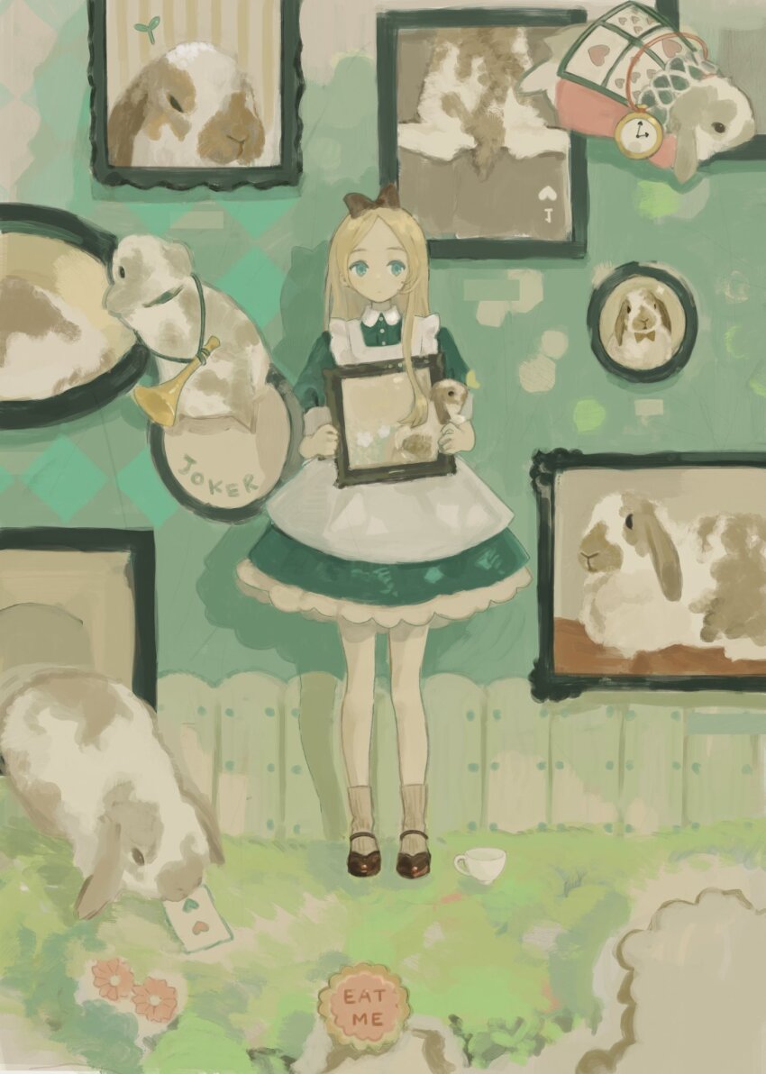1girl, alice's_adventures_in_wonderland, alice_(alice_in_wonderland), animal, animal_ears, apron, black_bow, black_shoes