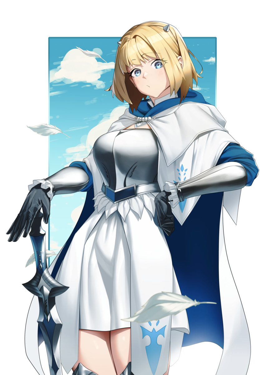 1girl, blonde_hair, blue_eyes, brown_dust_(series), brown_dust_2, chest_armor, cloak, cloud, falling_feathers, feathers, feet_out_of_frame, gloves, hand_on_own_hip, head_tilt, highres, holding, holding_sword, holding_weapon, hood, hooded_cloak, justia_(brown_dust), justia_(white_reaper)_(brown_dust), looking_at_viewer, short_hair, small_horns, sword, tamamoice, thighs, vambraces, weapon, white_cloak