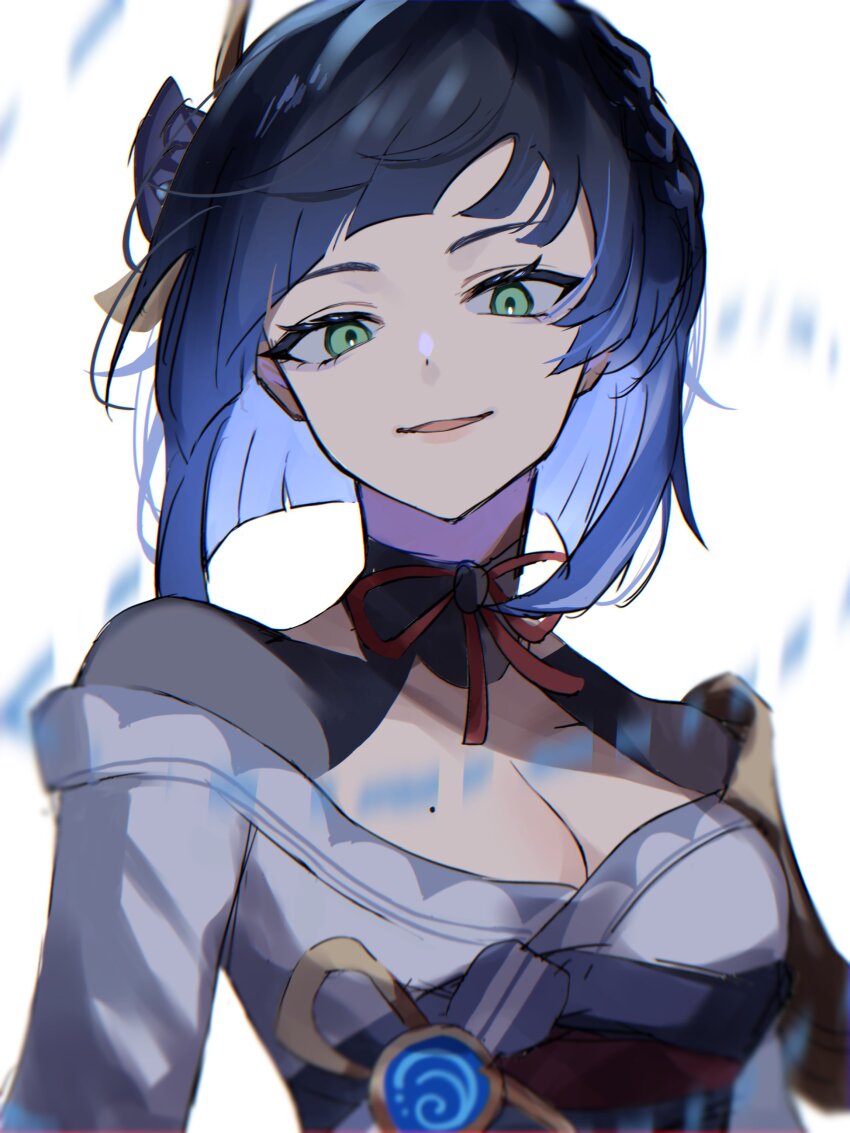 1girl, absurdres, blue_hair, bob_cut, breasts, cleavage, commentary_request, cosplay, genshin_impact, green_eyes, highres, inverted_bob, japanese_clothes, kimono, large_breasts, looking_at_viewer, medium_hair, mole, mole_on_breast, neck_ribbon, parted_lips, purple_kimono, raiden_shogun, raiden_shogun_(cosplay), red_ribbon, ribbon, simple_background, solo, tsukuno_tsuki, upper_body, white_background, yelan_(genshin_impact)