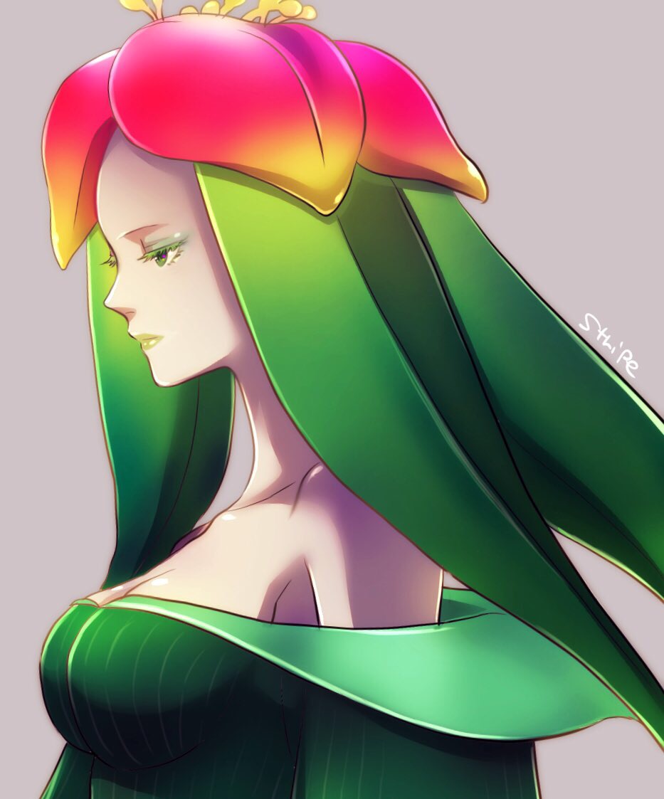 1girl, arc_the_lad, arc_the_lad_twilight_of_the_spirits, bare_shoulders, breasts, camellia_(arc_the_lad), cleavage, closed_mouth, flower, green_eyes, hair_flower, hair_ornament, lipstick, long_hair, makeup, medium_breasts, simple_background, solo, stripe335