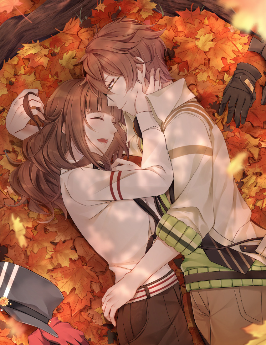 1boy, 1girl, absurdres, autumn_leaves, black_headwear, brown_eyes, brown_hair, brown_pants