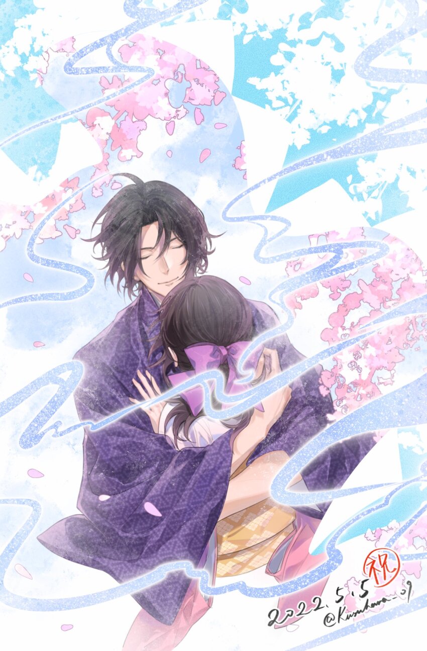 1boy, 1girl, artist_name, black_hair, bow, cherry_blossoms, closed_eyes, dated, day, facing_viewer, hair_bow, hakuouki_shinsengumi_kitan, hetero, highres, hug, japanese_clothes, kimono, kusuhara_09, purple_bow, purple_kimono, saitou_hajime_(hakuouki), wind, yukimura_chizuru