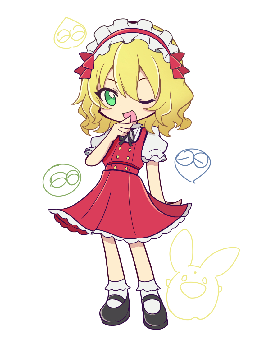 1girl, absurdres, black_footwear, black_ribbon, blonde_hair, buttons, commentary_request, dot_nose, dress, flat_chest, frilled_hairband, frilled_sleeves, frills, full_body, hair_between_eyes, hairband, hand_up, highres, idolmaster, idolmaster_cinderella_girls, looking_at_viewer, medium_hair, one_eye_closed, open_mouth, parody, puffy_short_sleeves, puffy_sleeves, puyopuyo, red_dress, red_ribbon, ribbon, sakurai_momoka, shirt, short_sleeves, smile, socks, solo, standing, style_parody, unaginekoko, wavy_hair, white_background, white_shirt, white_socks