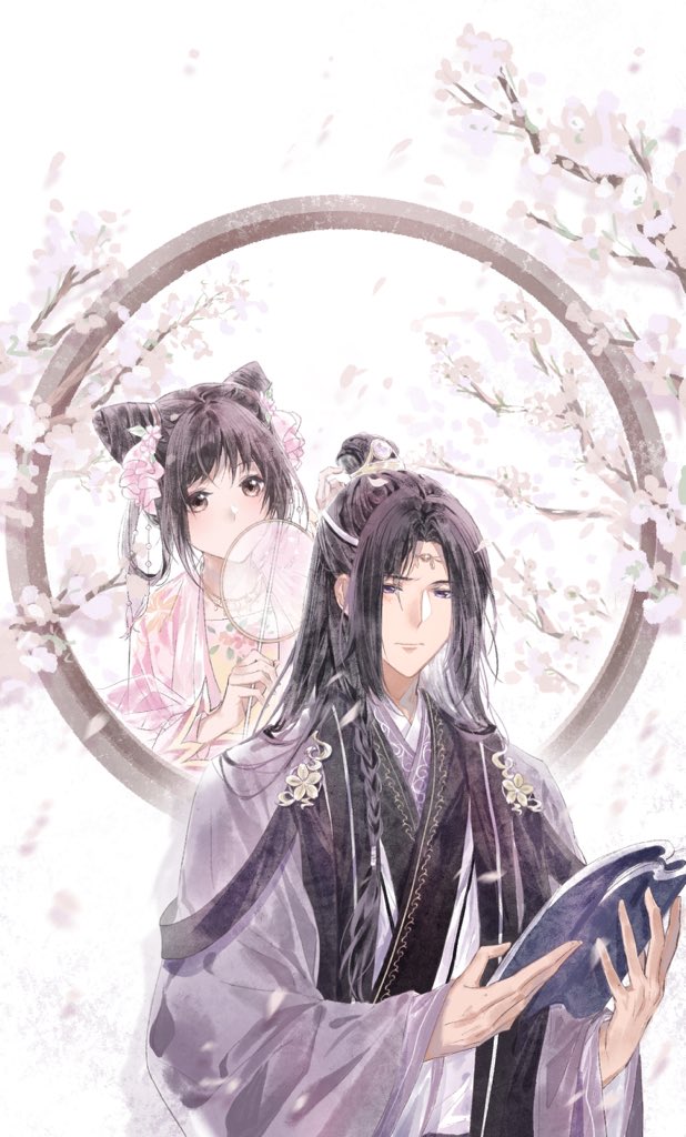 1boy, 1girl, black_hair, book, brown_eyes, double_bun, flower, hair_bun, hair_rings, hakuouki_shinsengumi_kitan, jinshi_(kusuriya_no_hitorigoto), kusuhara_09, kusuriya_no_hitorigoto, long_hair, maomao_(kusuriya_no_hitorigoto), open_book, outdoors, standing, upper_body, very_long_hair, window
