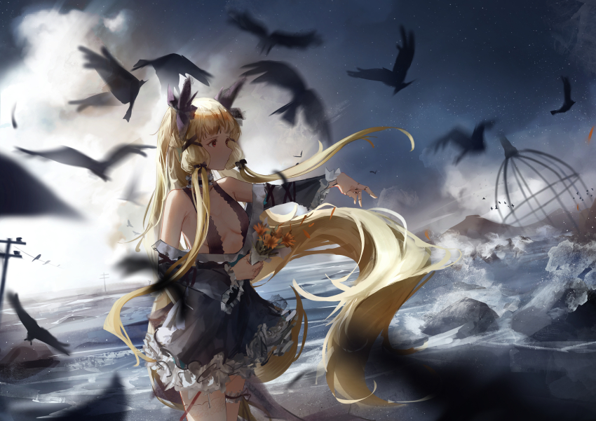 1girl, absurdres, armpits, asymmetrical_legwear, bare_shoulders, bird, birdcage, bouquet