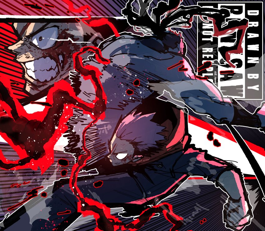 2boys, absurdres, artist_logo, black_flash_(jujutsu_kaisen), blood, blood_on_face, bonesaw_(rdkshinku), curse_spirit, fighting, highres, itadori_yuji, jujutsu_kaisen, lightning, logo, mahito_(jujutsu_kaisen), motion_lines, multiple_boys, punching, stomach_punch, torn_clothes