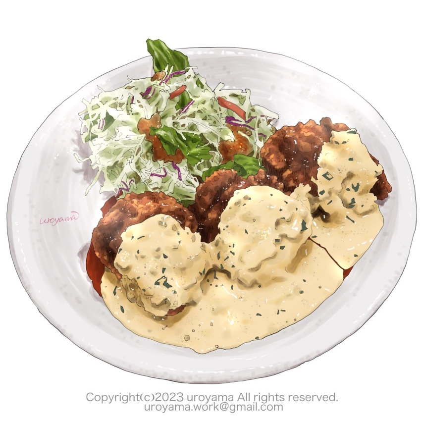 chicken_(food), coleslaw, copyright_notice, email_address, food, food_focus, fried_chicken, highres