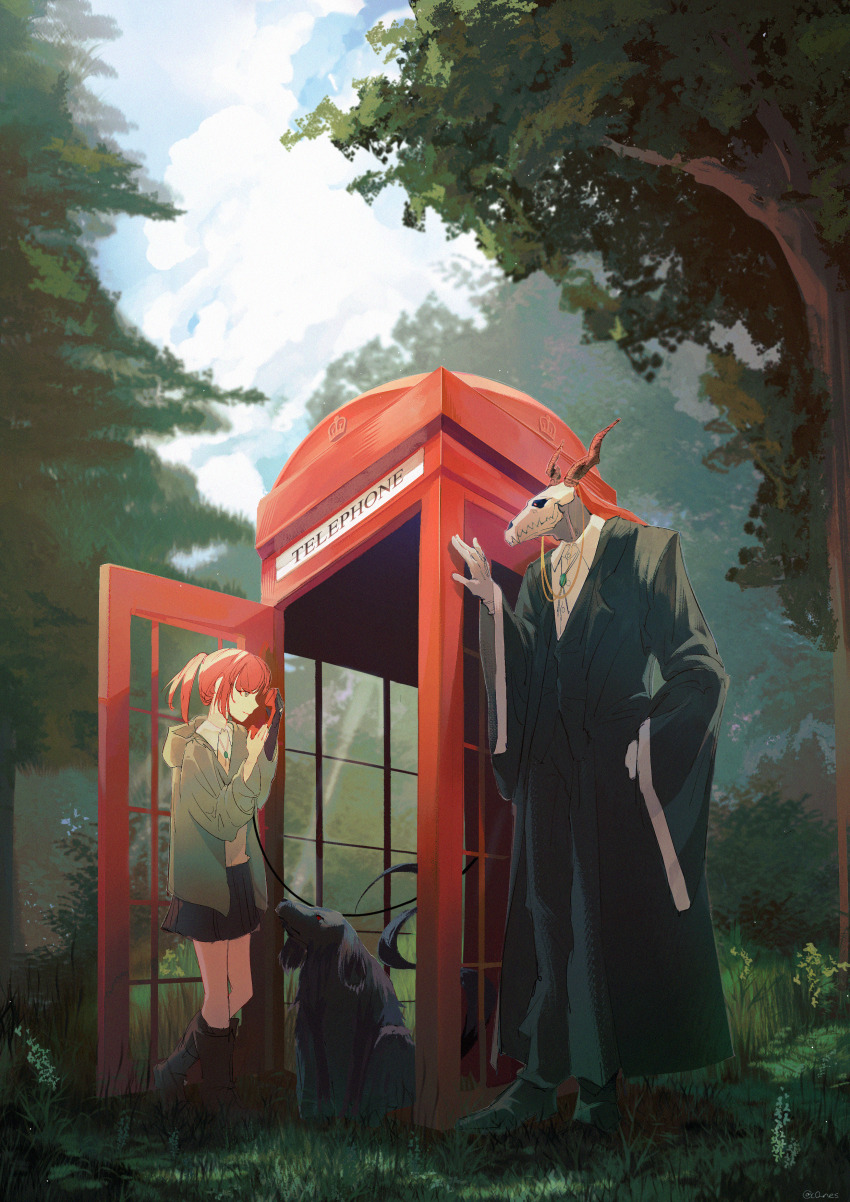 1boy, 1girl, absurdres, artist_name, black_footwear, black_robe, black_skin, black_skirt