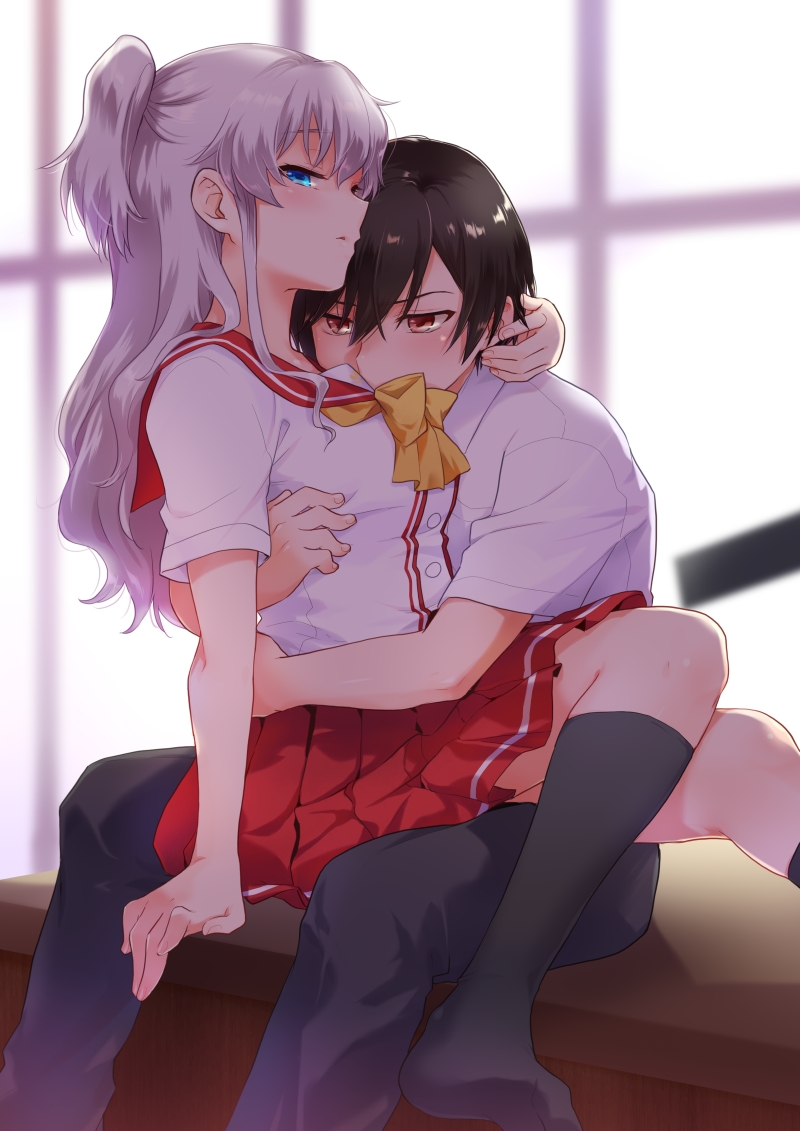 1boy, 1girl, arm_around_neck, arm_at_side, arms_around_another's_waist, backlighting, black_hair, black_socks, blue_eyes, blurry, blurry_background, blush, bow, brown_eyes, charlotte_(anime), commentary_request, couple, feet_out_of_frame, foot_out_of_frame, grey_hair, hair_between_eyes, half-closed_eyes, hetero, hoshinoumi_academy_school_uniform, hug, indoors, kneehighs, knees_up, long_hair, looking_at_another, looking_at_viewer, misaki_juri, no_shoes, otosaka_yuu, parted_lips, pleated_skirt, profile, red_sailor_collar, red_skirt, sailor_collar, school_uniform, serafuku, shirt, sidelocks, sitting, sitting_on_lap, sitting_on_person, skirt, socks, tomori_nao, two_side_up, wavy_hair, white_shirt, window, yellow_bow