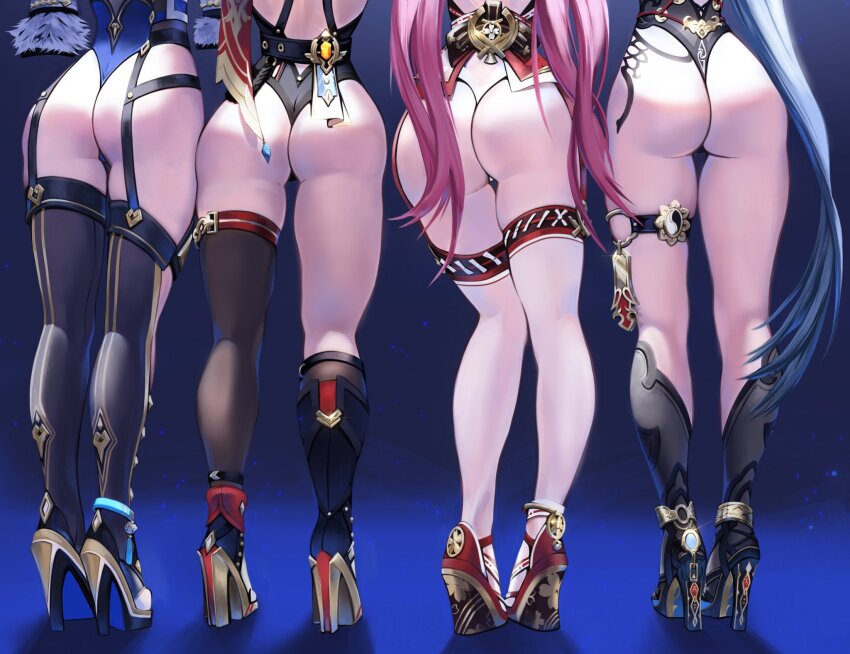 4girls, ass, asymmetrical_legwear, black_footwear, black_thighhighs, blue_background, boots, genshin_impact, hanya_(honkai:_star_rail), high_heel_boots, high_heels, highres, honkai:_star_rail, honkai_(series), lineup, long_hair, lower_body, lunart, multiple_girls, pink_hair, red_footwear, side-by-side, standing, thigh_gap, thighhighs, topaz_(honkai:_star_rail), very_long_hair, white_thighhighs, yae_miko, yelan_(genshin_impact)