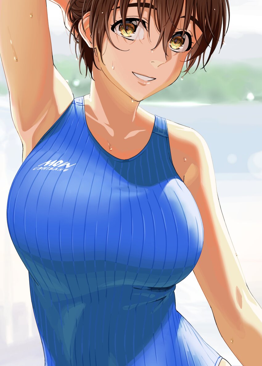 1girl, absurdres, arm_up, armpits, blue_one-piece_swimsuit, blurry, blurry_background, breasts