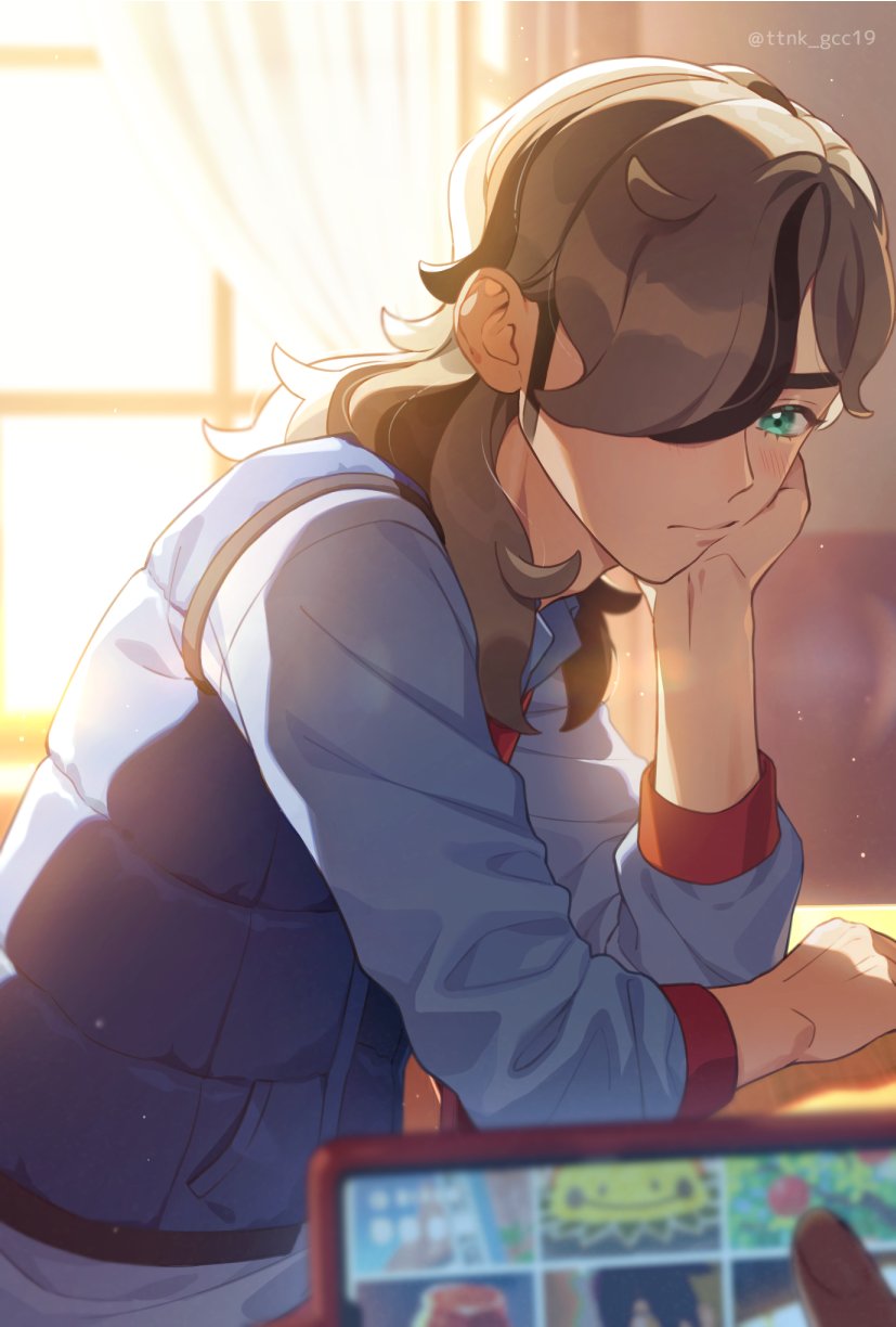 1boy, arven_(pokemon), blue_vest, brown_hair, cellphone, collared_shirt, curtains, desk, hair_over_one_eye, hand_on_own_face, highres, light_brown_hair, long_hair, male_focus, multicolored_hair, naranja_academy_school_uniform, necktie, nintendo, orange_necktie, phone, pokemon, pokemon_scarlet_and_violet, school_uniform, shirt, smartphone, ttnk_gc19, vest, window