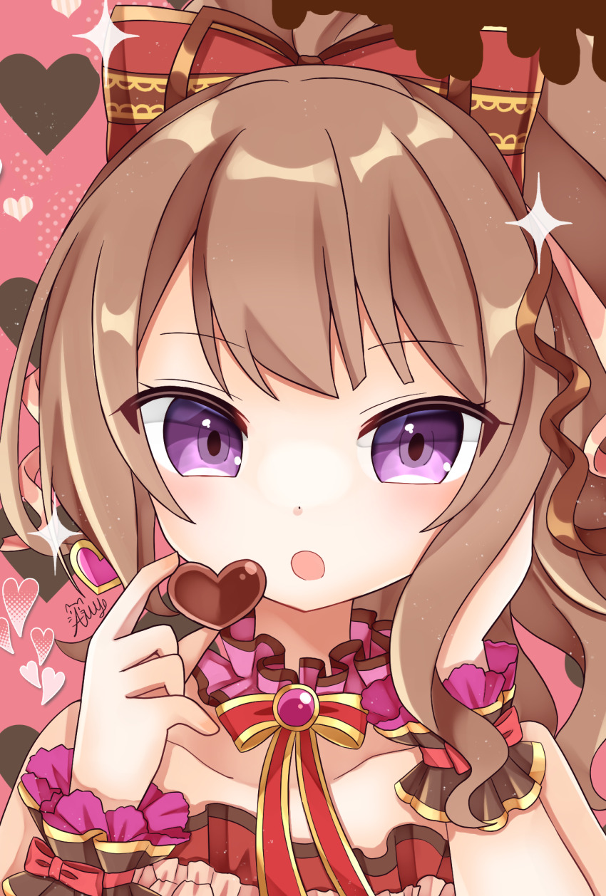 1girl, blush, bow, brown_hair, candy, character_request, chocolate, chocolate_heart