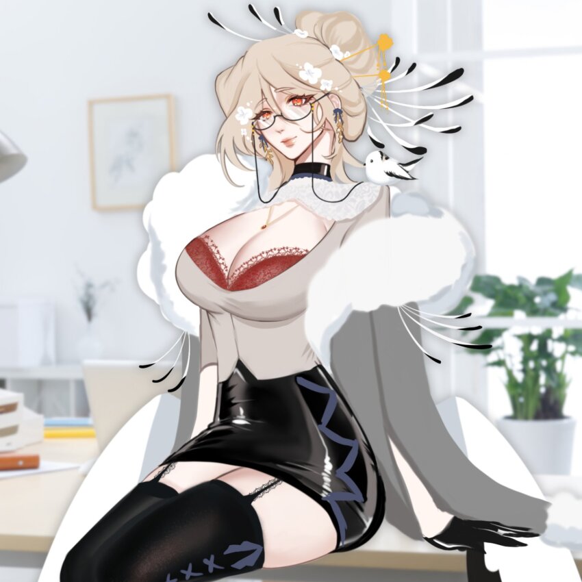 1girl, bird, black_garter_straps, black_gloves, black_skirt, black_thighhighs, blonde_hair, blurry