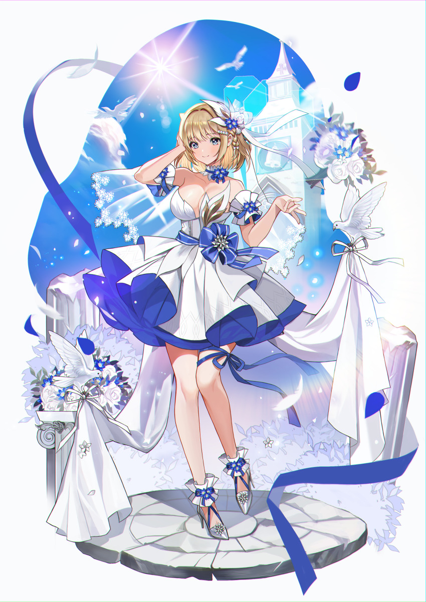 1girl, absurdres, ankle_scrunchie, arm_scrunchie, bare_legs, bare_shoulders, bird, blue_sky, bouquet, breasts, bridal_veil, brown_dust_(series), brown_dust_2, bush, butter_almond, church, church_bell, cobblestone, dress, flower, hair_flower, hair_ornament, hand_in_own_hair, high_heels, highres, holding, holding_unworn_clothes, large_breasts, marble_(stone), pleated_dress, ribbom, scrunchie, sky, standing, standing_on_one_leg, stone_pillar, strapless, strapless_dress, sun, veil, wedding, wedding_dress, white_flower