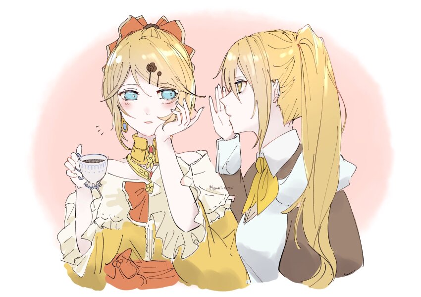 2girls, akita_neru, aku_no_musume_(vocaloid), apron, aqua_eyes, bare_shoulders, blue_gem, bow