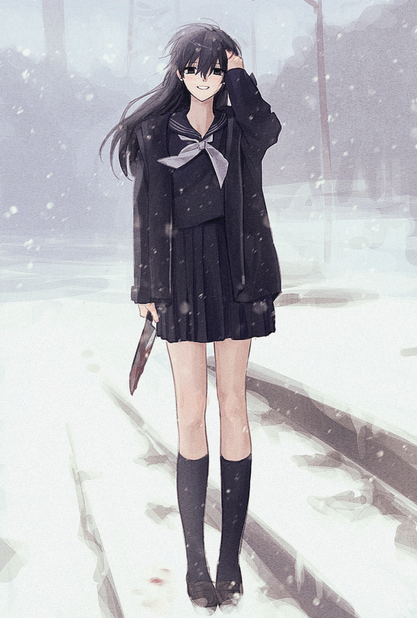 1girl, black_eyes, black_hair, black_jacket, black_serafuku, black_shirt, black_skirt, black_socks
